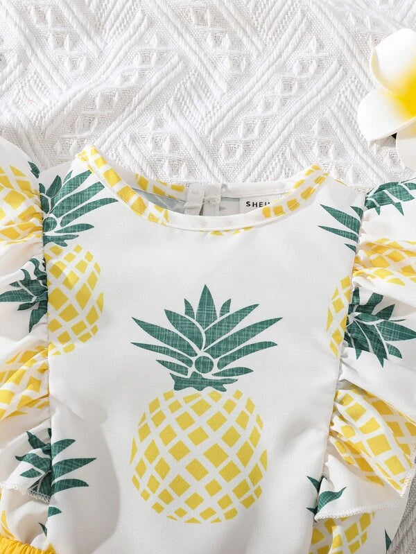 Baby Pineapple Print Ruffle Trim Top & Bow Front Shorts