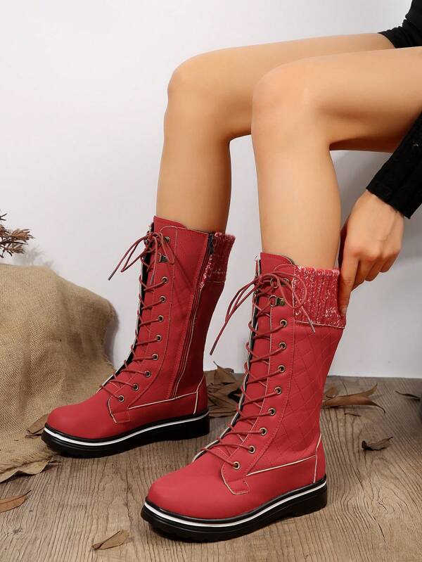 Women's Round Toe Flat Fashionable Mid-calf Pu Leather Casual Boots With Lace-up Design For Autumn And Winter