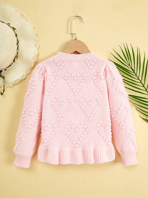 Young Girl Heart Pattern Ruffle Hem Sweater