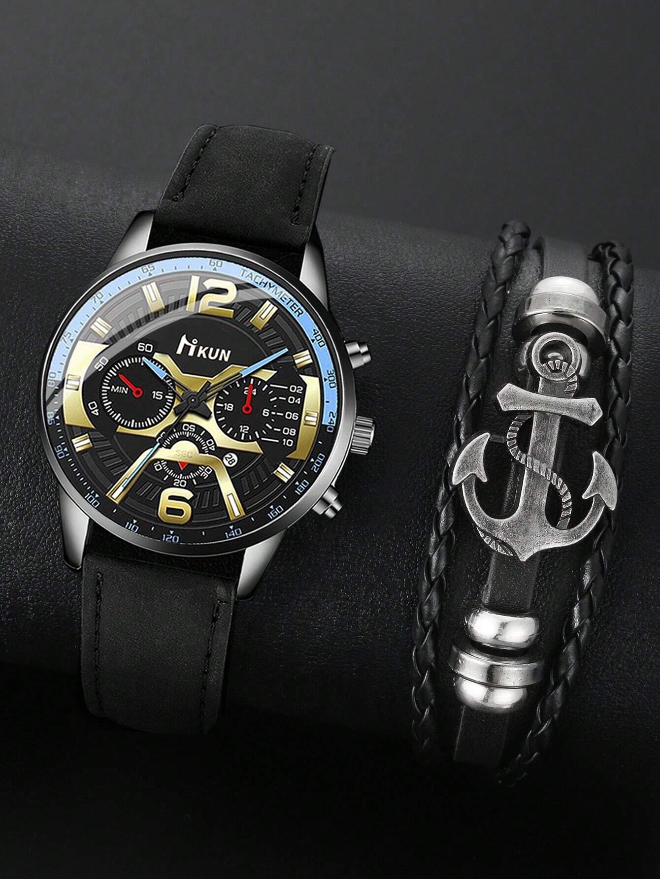 1pc Men Black PU Polyurethane Strap Casual Date Round Dial Quartz Watch & 1pc Anchor Decor Bracelet, For Daily Life