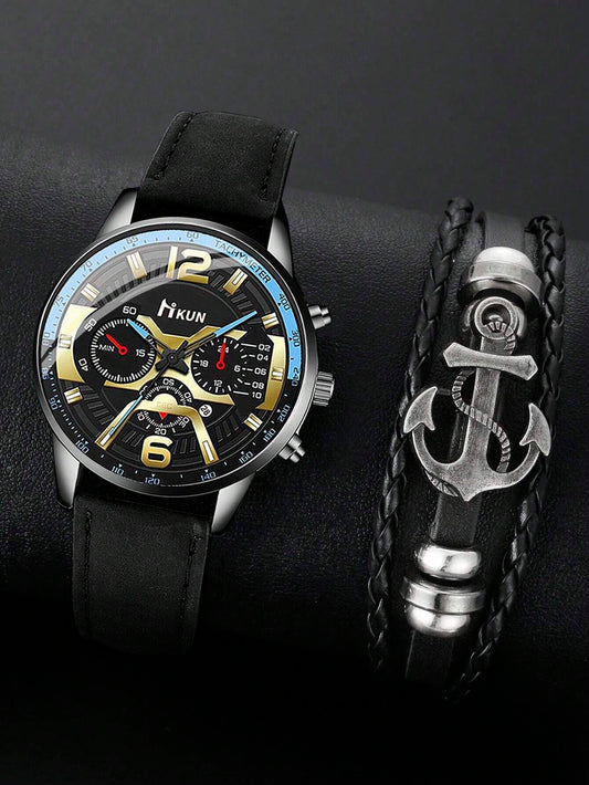 1pc Men Black PU Polyurethane Strap Casual Date Round Dial Quartz Watch & 1pc Anchor Decor Bracelet, For Daily Life