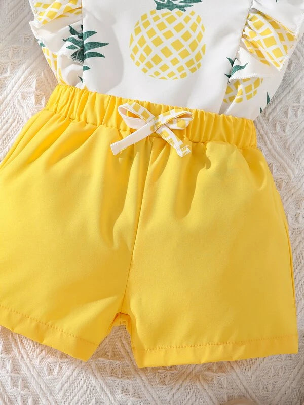 Baby Pineapple Print Ruffle Trim Top & Bow Front Shorts