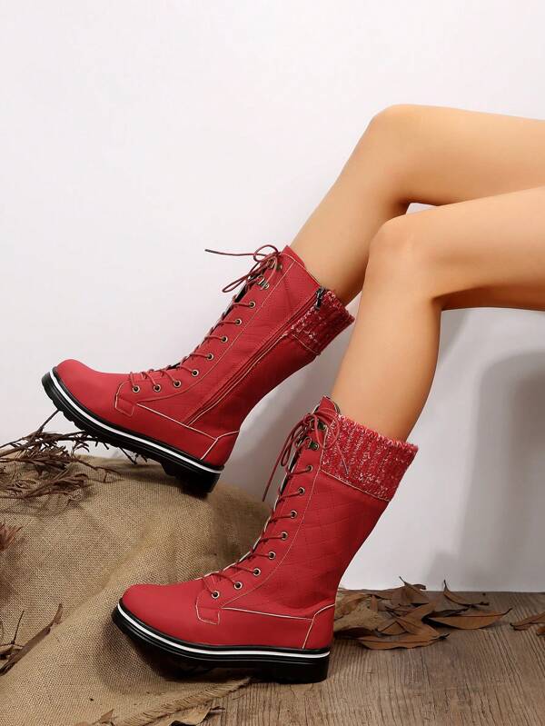 Women's Round Toe Flat Fashionable Mid-calf Pu Leather Casual Boots With Lace-up Design For Autumn And Winter