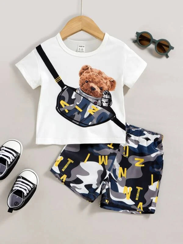 Baby Cartoon And Camo Print Tee & Shorts