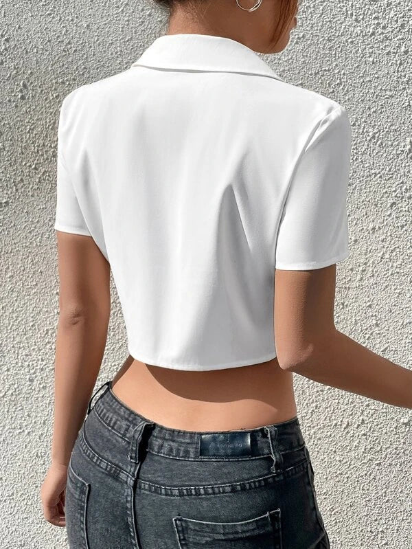 SHEIN EZwear Solid Button Front Crop Shirt