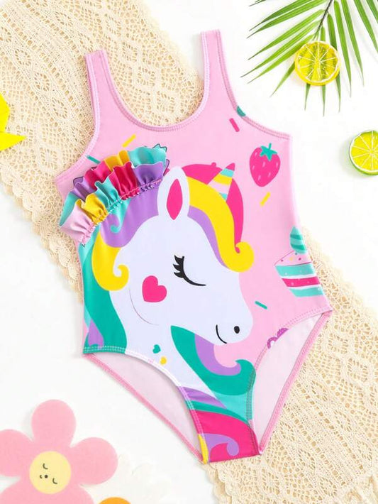 SHEIN Kids QTFun Toddler Girls Unicorn Print Ruffle Trim One Piece Swimsuit