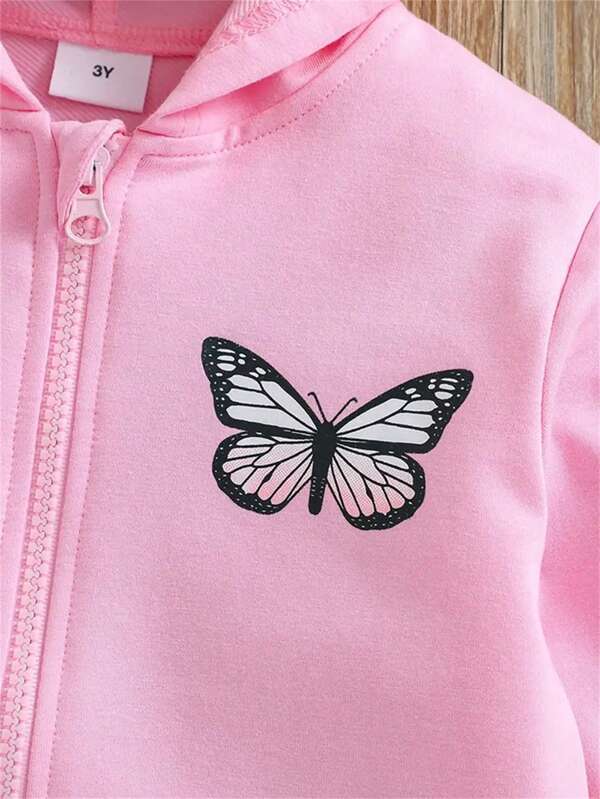 Young Girl Butterfly Print Zip Up Hooded Jacket