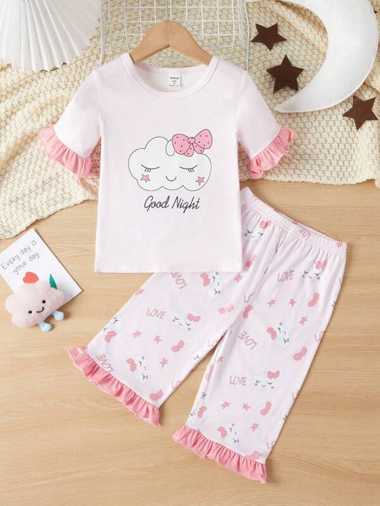 Toddler Girls Cartoon & Letter Graphic Ruffle Trim PJ Set