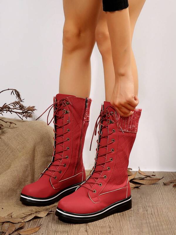 Women's Round Toe Flat Fashionable Mid-calf Pu Leather Casual Boots With Lace-up Design For Autumn And Winter