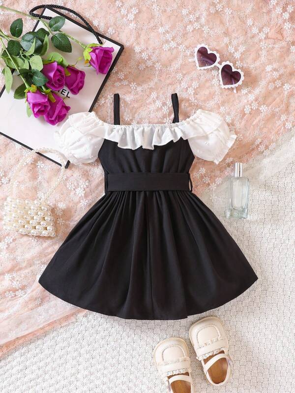 Baby Two Tone Cold Shoulder Ruffle Trim Belted Dress