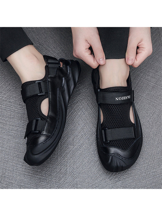 Men Breathable Letter Patch Decor Hook-and-loop Fastener Sandals, Sporty Black Fabric Sport Sandals