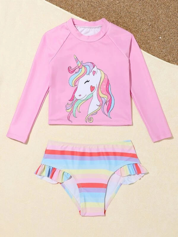 Toddler Girls Unicorn & Striped Print Ruffle Bikini Swimsuit