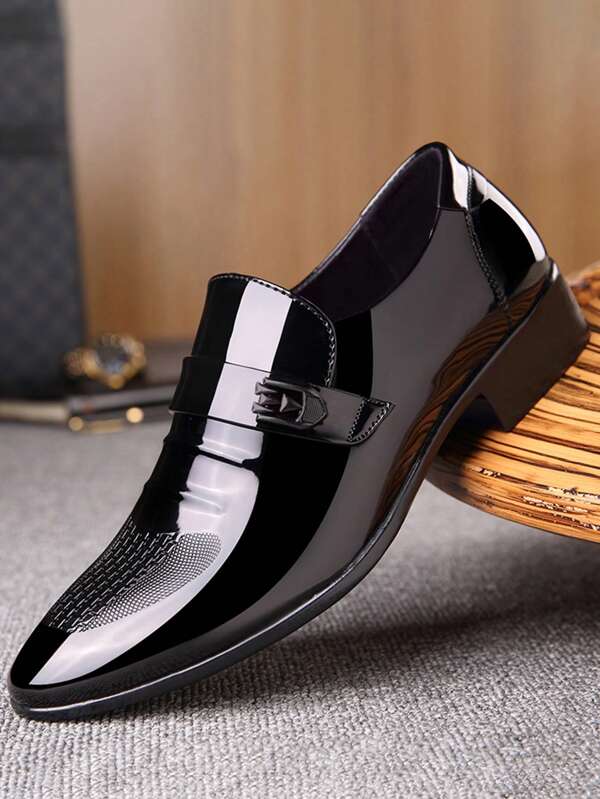 Men Metal Decor Dress Loafers, Artificial Leather Dress Shoes Black