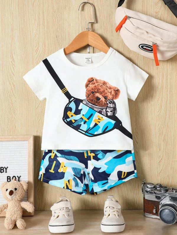 Baby Cartoon And Camo Print Tee & Shorts