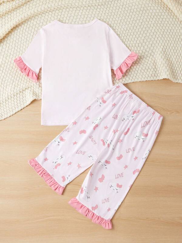 Toddler Girls Cartoon & Letter Graphic Ruffle Trim PJ Set