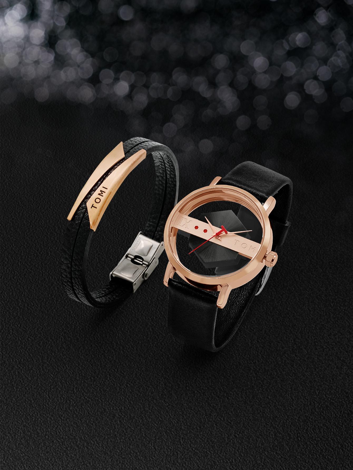 TOMI 1pc Men Black PU Polyurethane Strap Casual Round Dial Quartz Watch & 1pc Bracelet, For Daily Life