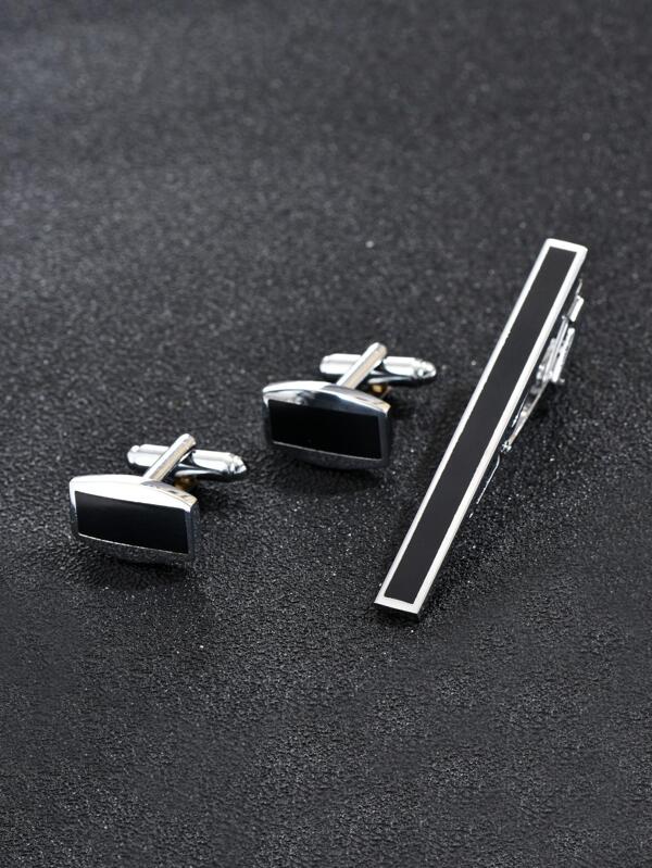 1pair Men Geometric Decor Cufflinks & 1pc Tie Clip Punk Hip Pop Style