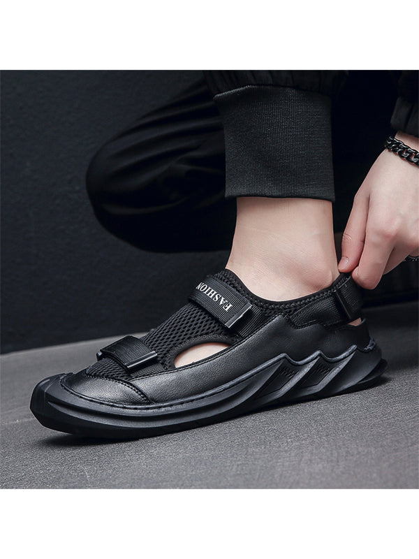 Men Breathable Letter Patch Decor Hook-and-loop Fastener Sandals, Sporty Black Fabric Sport Sandals