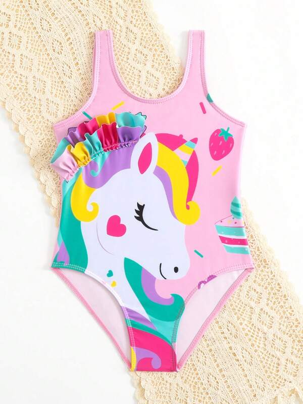 SHEIN Kids QTFun Toddler Girls Unicorn Print Ruffle Trim One Piece Swimsuit