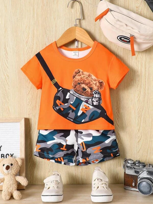 Baby Cartoon And Camo Print Tee & Shorts