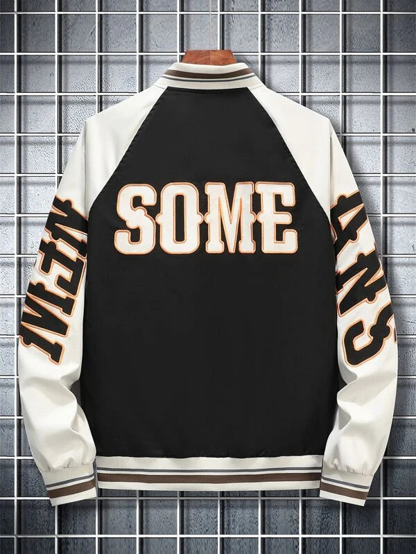 Manfinity EMRG Men Letter Embroidery Colorblock Raglan Sleeve Striped Trim Varsity Jacket Without Tee