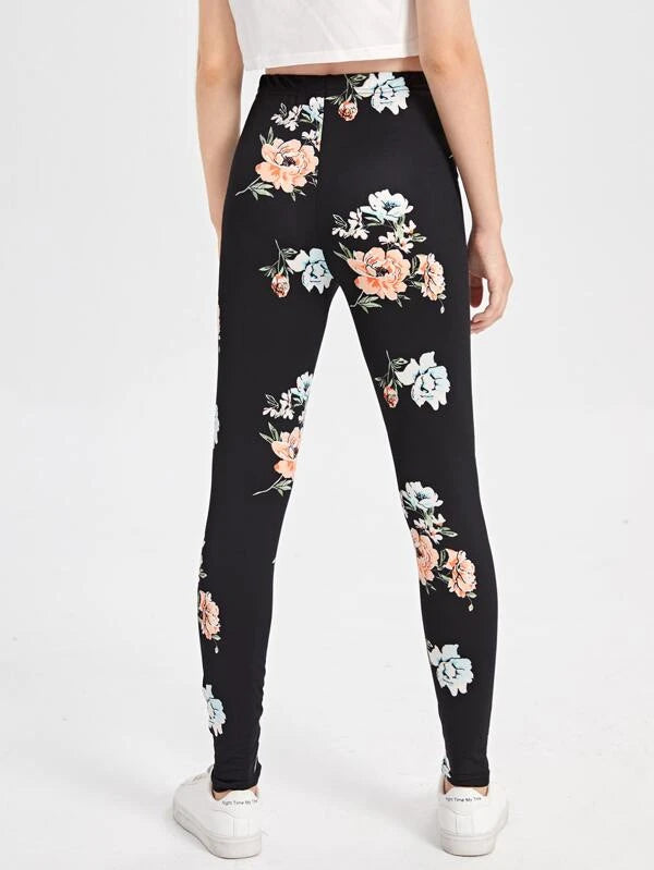 SHEIN Teen Girls Floral Print Leggings