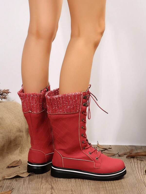 Women's Round Toe Flat Fashionable Mid-calf Pu Leather Casual Boots With Lace-up Design For Autumn And Winter