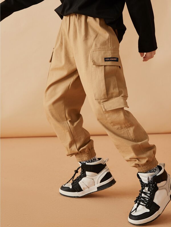 Boys Elastic Waist Letter Patched Flap Pocket Cargo Pants