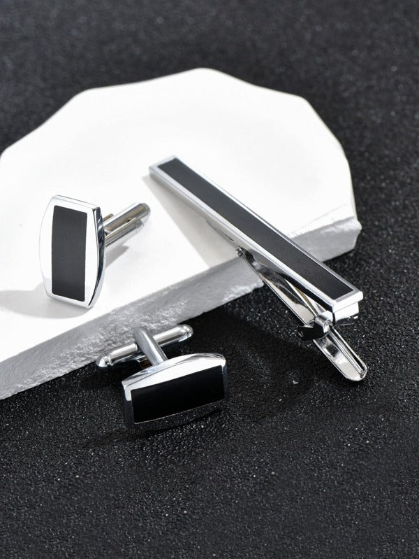 1pair Men Geometric Decor Cufflinks & 1pc Tie Clip Punk Hip Pop Style