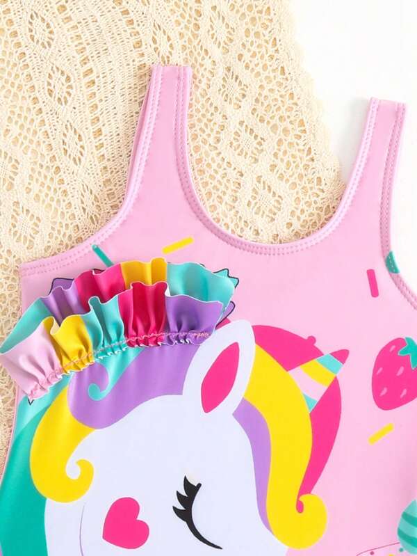 SHEIN Kids QTFun Toddler Girls Unicorn Print Ruffle Trim One Piece Swimsuit