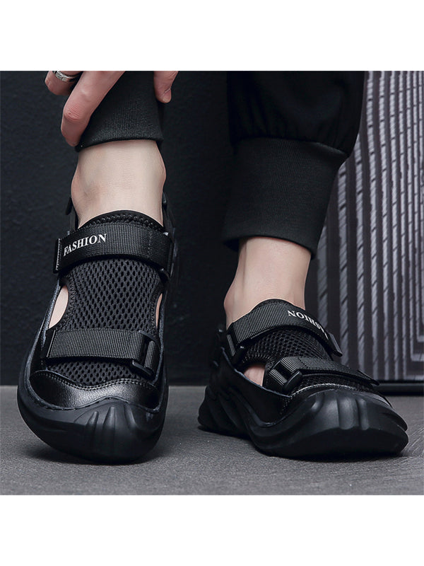 Men Breathable Letter Patch Decor Hook-and-loop Fastener Sandals, Sporty Black Fabric Sport Sandals