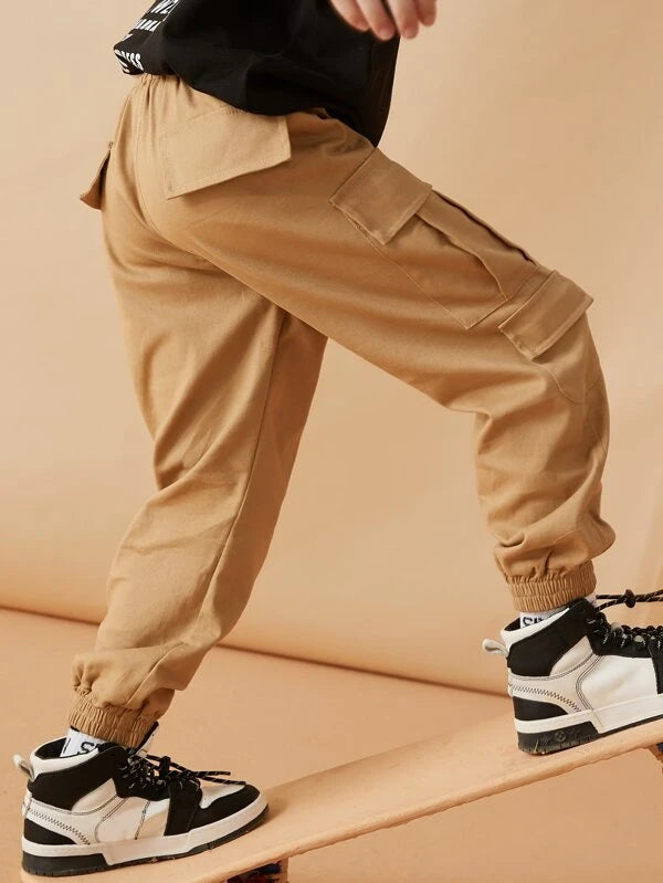 Boys Elastic Waist Letter Patched Flap Pocket Cargo Pants