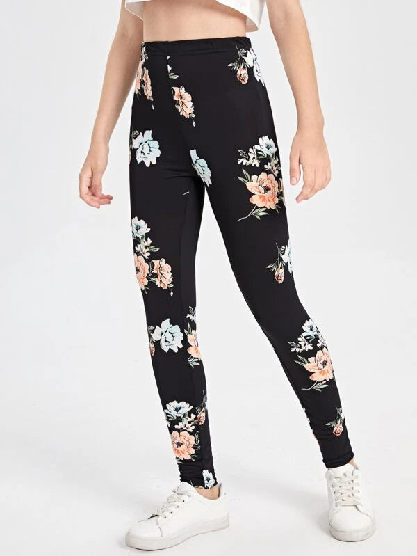 SHEIN Teen Girls Floral Print Leggings