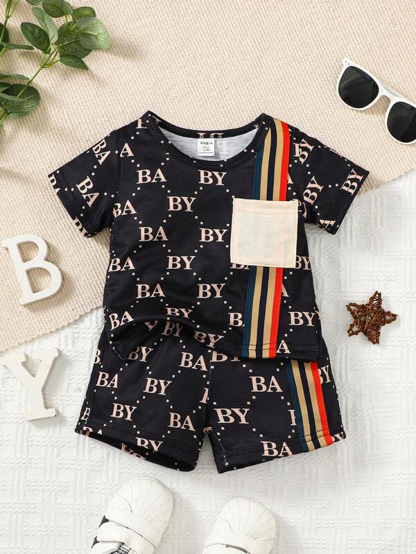 Baby Boy Striped & Letter Graphic Tee & Shorts Set
