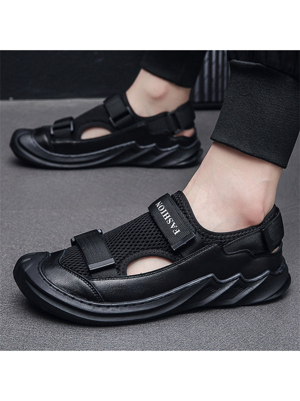 Men Breathable Letter Patch Decor Hook-and-loop Fastener Sandals, Sporty Black Fabric Sport Sandals