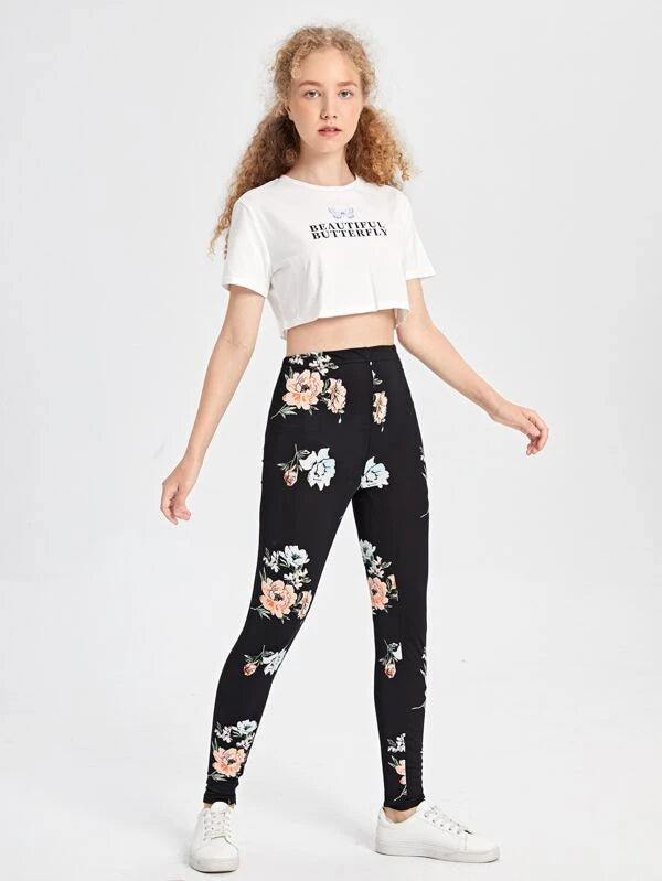 SHEIN Teen Girls Floral Print Leggings