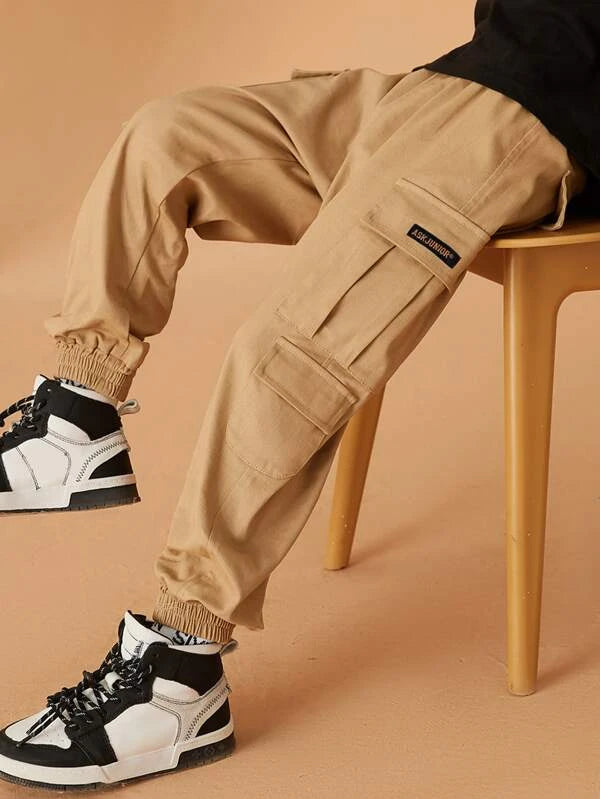 Boys Elastic Waist Letter Patched Flap Pocket Cargo Pants