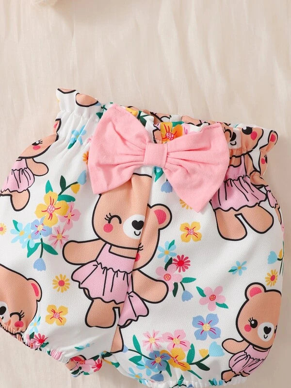 Baby Cartoon Graphic Ruffle Trim Bodysuit & Bow Front Shorts & Headband