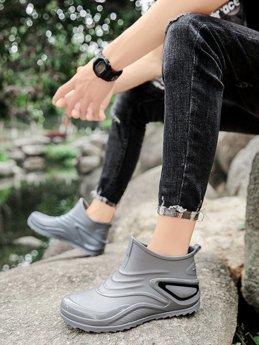 Men Two Tone Slip On Rain Boots, Sporty Outdoor Boots