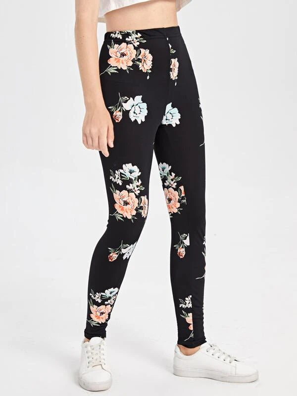 SHEIN Teen Girls Floral Print Leggings