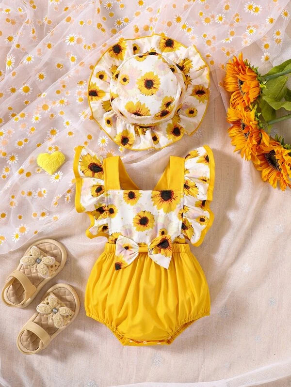 Baby Sunflower Print Ruffle Trim Bodysuit