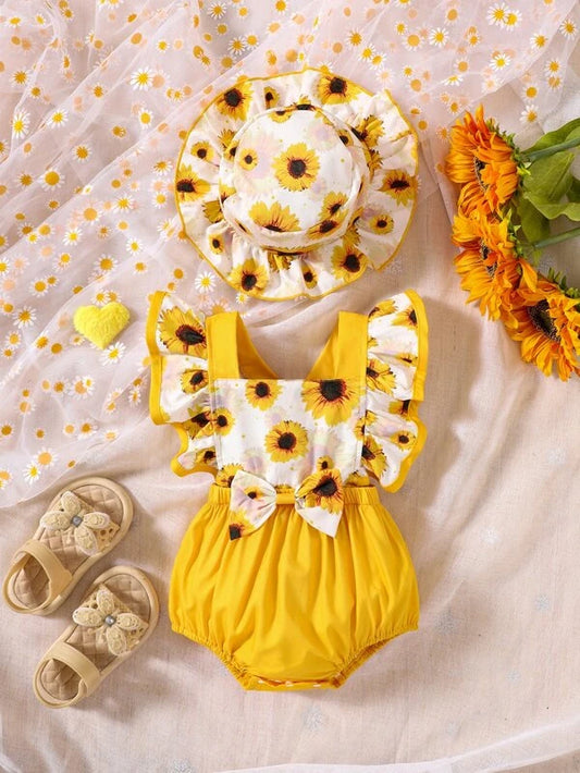 Baby Sunflower Print Ruffle Trim Bodysuit