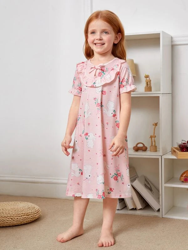 SHEIN Kids QTFun Toddler Girls Rabbit Print Ruffle Trim Bow Front Nightdress