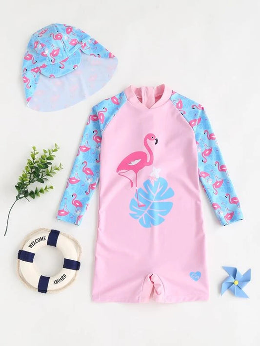 Toddler Girls Flamingo Print Zipper Back One Piece Swimsuit With Cap