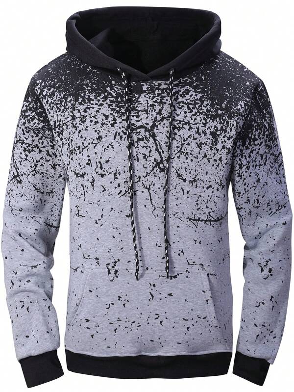 Men Splash Ink Print Kangaroo Pocket Drawstring Hoodie