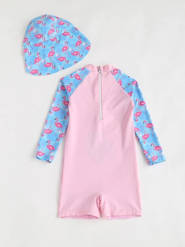 Toddler Girls Flamingo Print Zipper Back One Piece Swimsuit With Cap