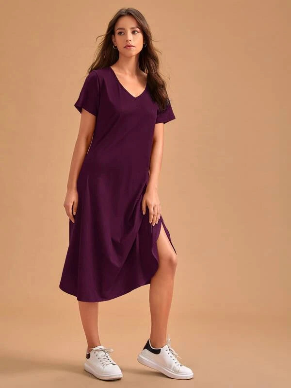 V-neck Curved Hem Lounge Dress