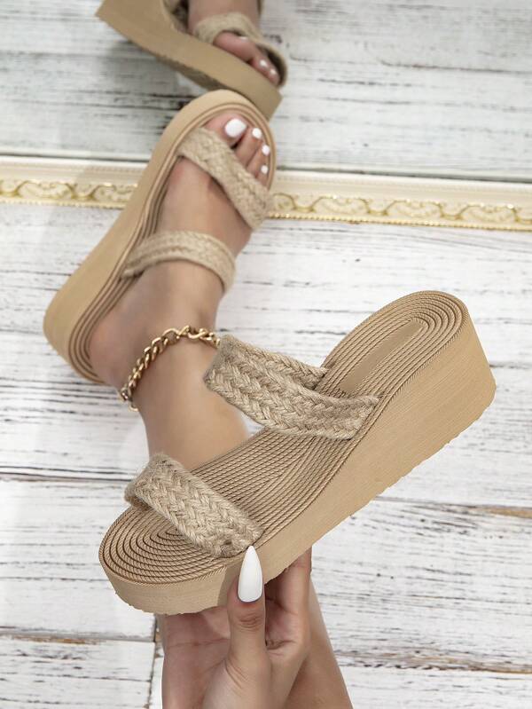 Vacation Wedge Slide Sandals For Women, Straw Braid Detail Wedge Sandals