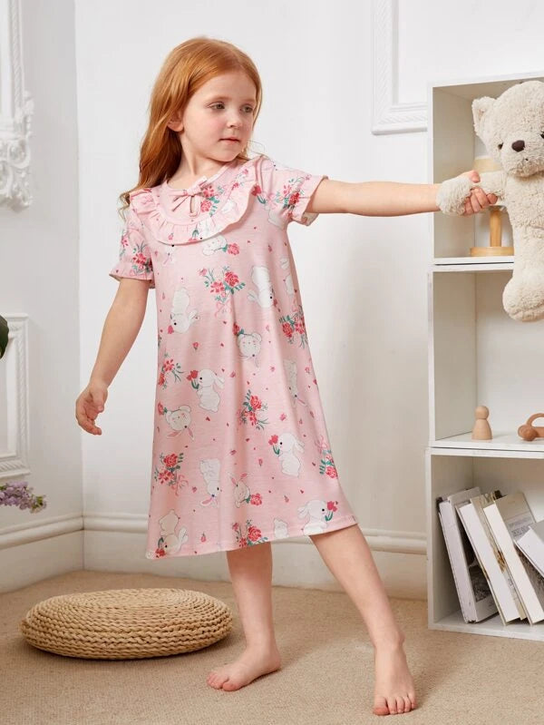 SHEIN Kids QTFun Toddler Girls Rabbit Print Ruffle Trim Bow Front Nightdress