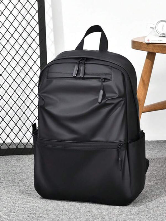 Zip Front Functional Backpack Solid Black Minimalist